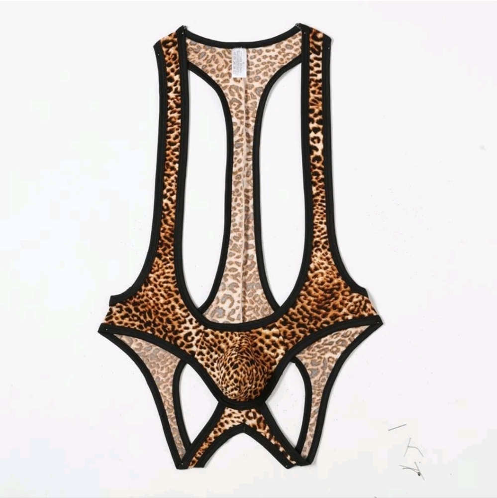 Men's Erotic Leopard Print Singlet Size Medium Mankini–Sexy One-Piece Exotic